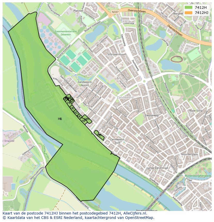 Afbeelding van het postcodegebied 7412 HJ op de kaart.