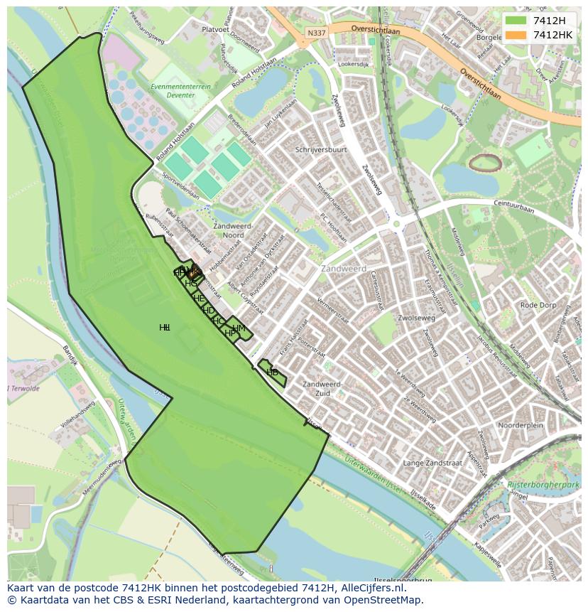 Afbeelding van het postcodegebied 7412 HK op de kaart.