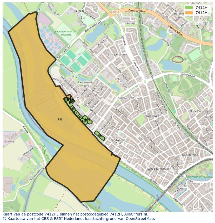 Afbeelding van het postcodegebied 7412 HL op de kaart.