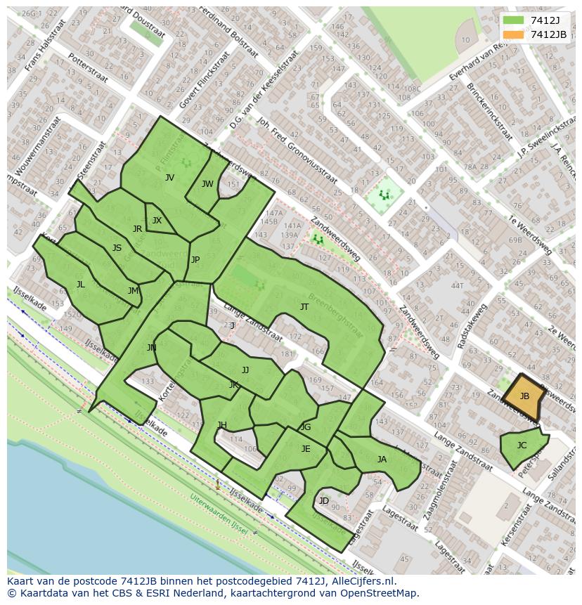Afbeelding van het postcodegebied 7412 JB op de kaart.