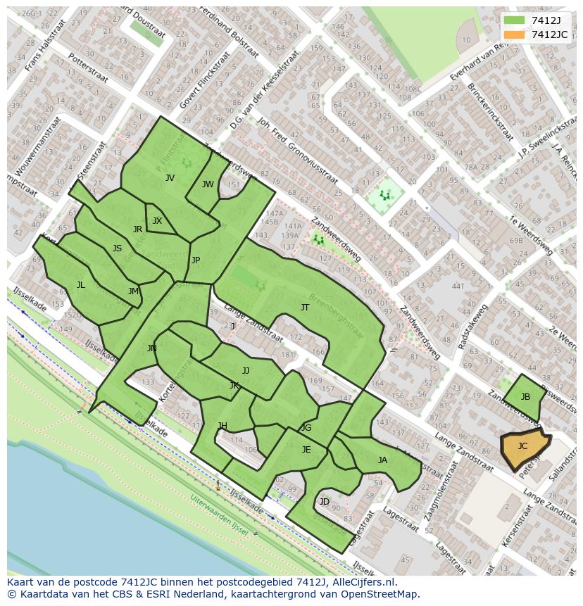 Afbeelding van het postcodegebied 7412 JC op de kaart.