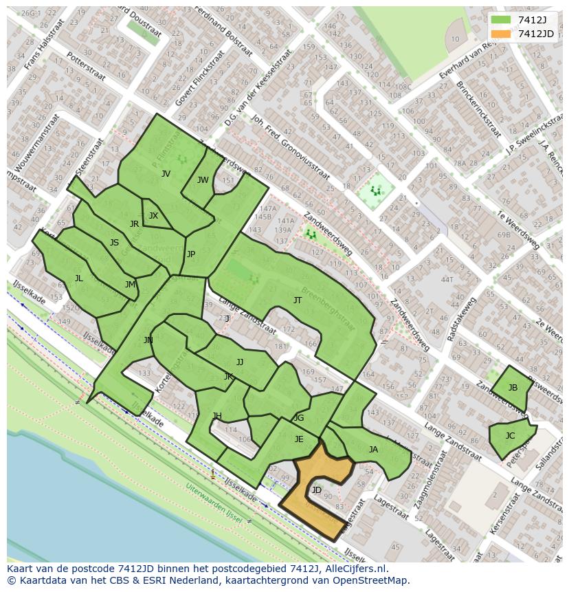 Afbeelding van het postcodegebied 7412 JD op de kaart.