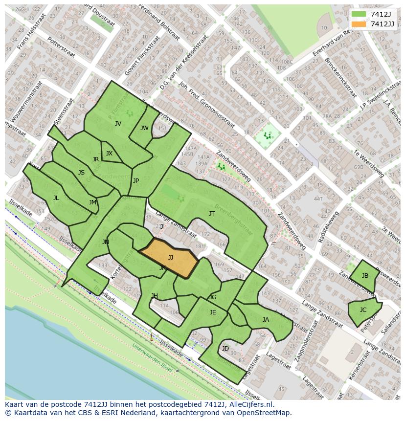 Afbeelding van het postcodegebied 7412 JJ op de kaart.