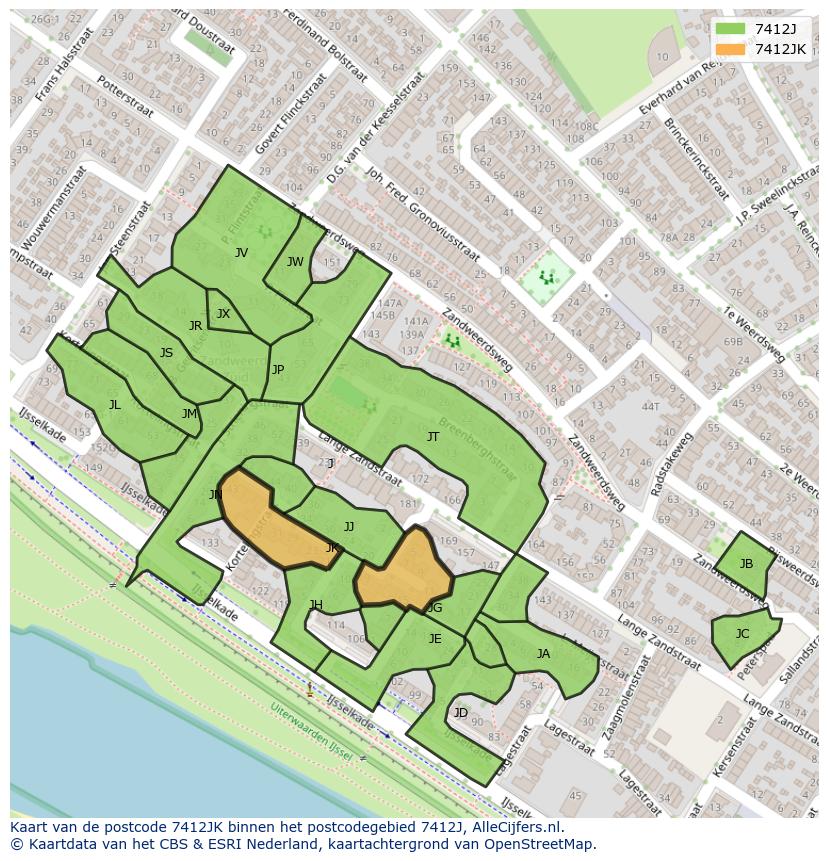 Afbeelding van het postcodegebied 7412 JK op de kaart.
