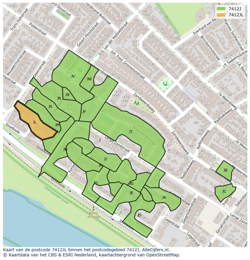 Afbeelding van het postcodegebied 7412 JL op de kaart.