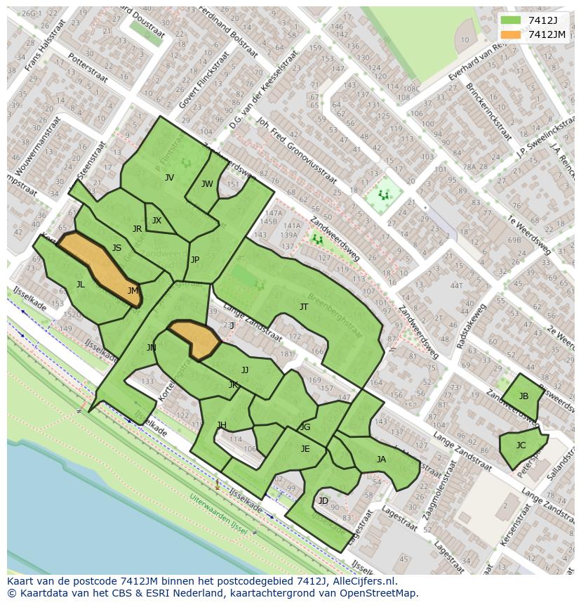 Afbeelding van het postcodegebied 7412 JM op de kaart.
