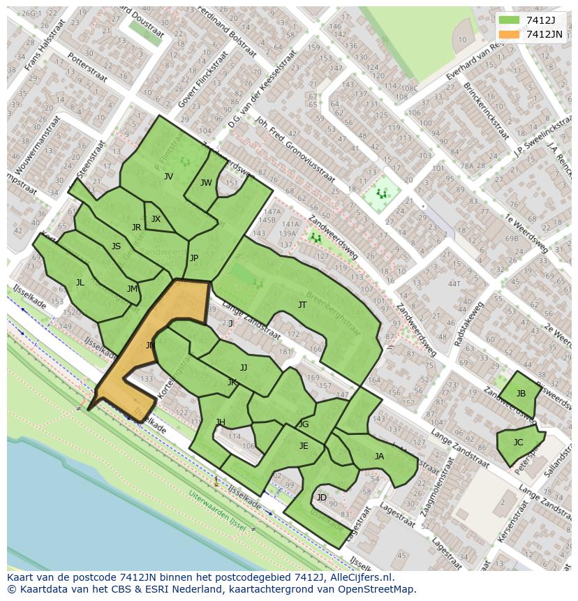 Afbeelding van het postcodegebied 7412 JN op de kaart.