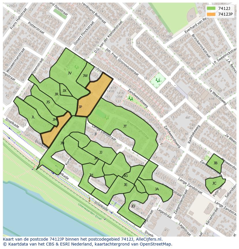 Afbeelding van het postcodegebied 7412 JP op de kaart.