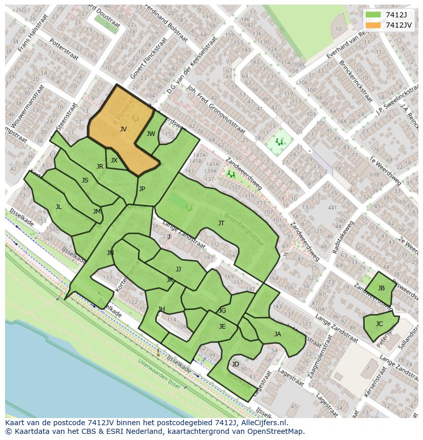 Afbeelding van het postcodegebied 7412 JV op de kaart.