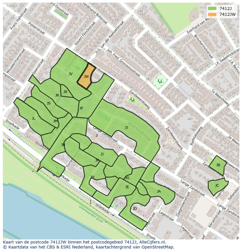 Afbeelding van het postcodegebied 7412 JW op de kaart.