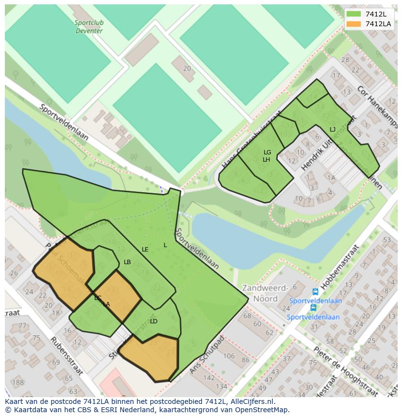 Afbeelding van het postcodegebied 7412 LA op de kaart.