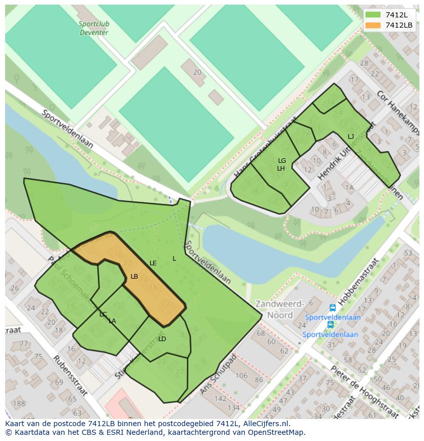 Afbeelding van het postcodegebied 7412 LB op de kaart.