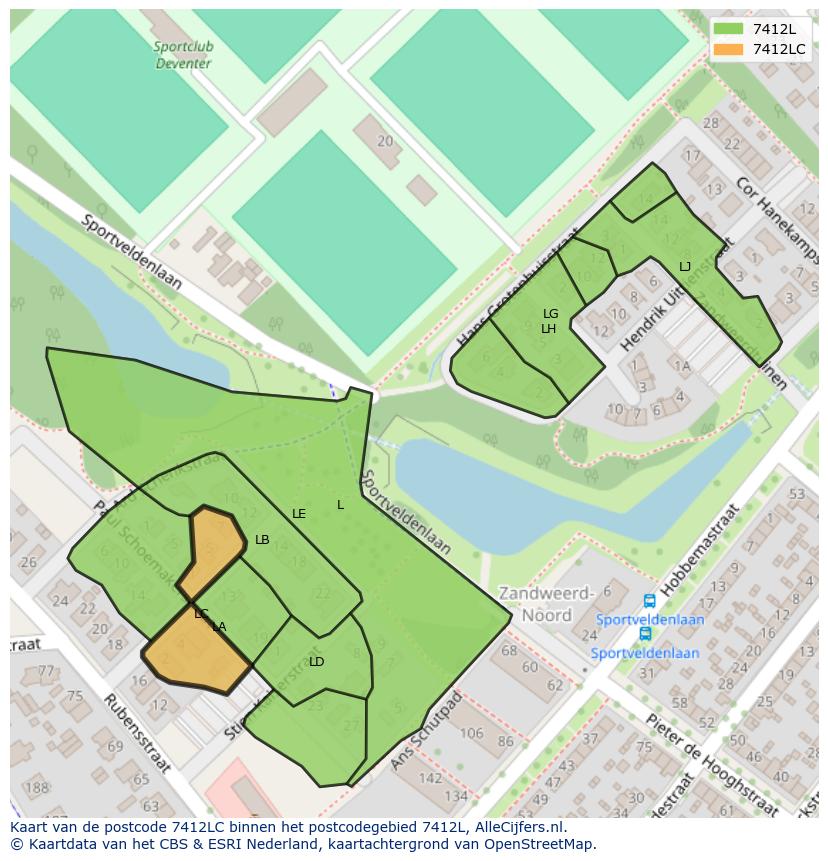Afbeelding van het postcodegebied 7412 LC op de kaart.