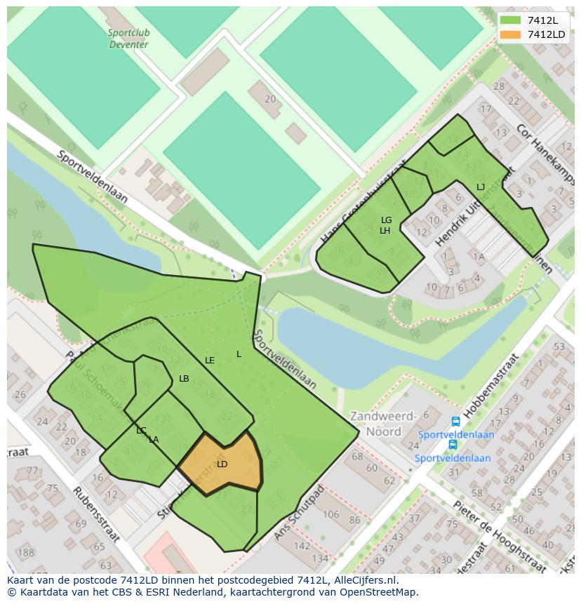 Afbeelding van het postcodegebied 7412 LD op de kaart.