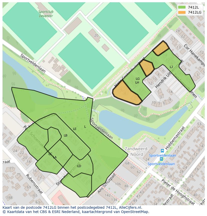 Afbeelding van het postcodegebied 7412 LG op de kaart.