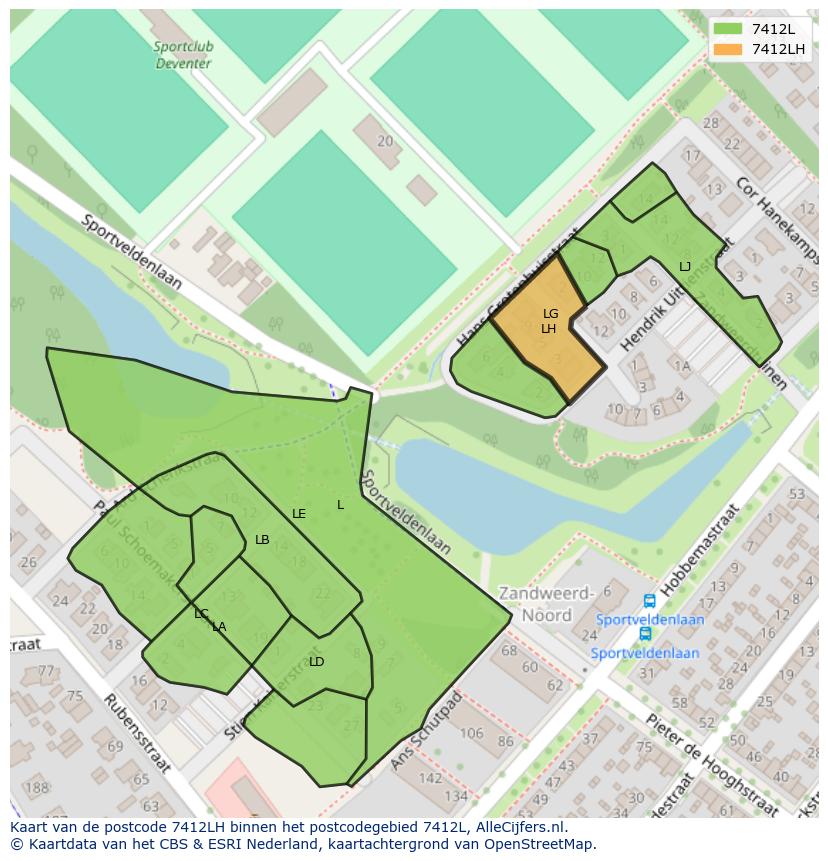 Afbeelding van het postcodegebied 7412 LH op de kaart.