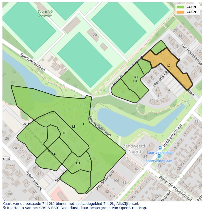 Afbeelding van het postcodegebied 7412 LJ op de kaart.