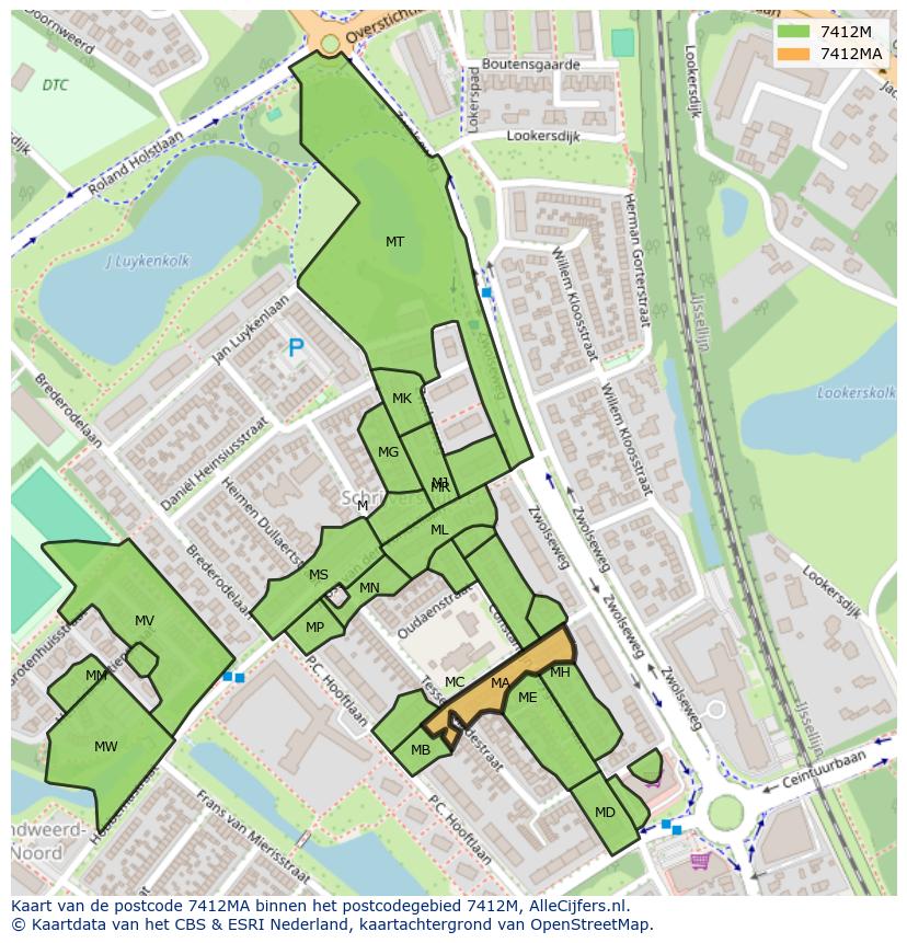 Afbeelding van het postcodegebied 7412 MA op de kaart.