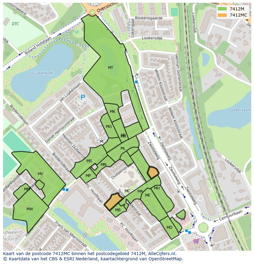 Afbeelding van het postcodegebied 7412 MC op de kaart.