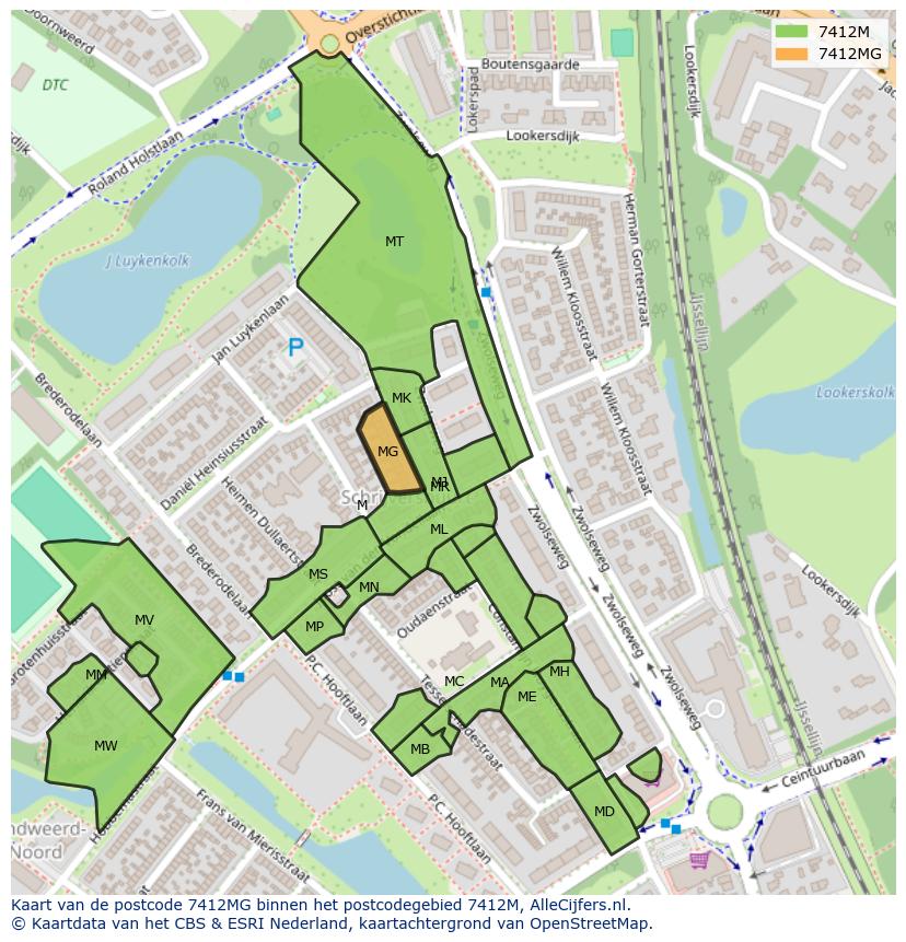 Afbeelding van het postcodegebied 7412 MG op de kaart.