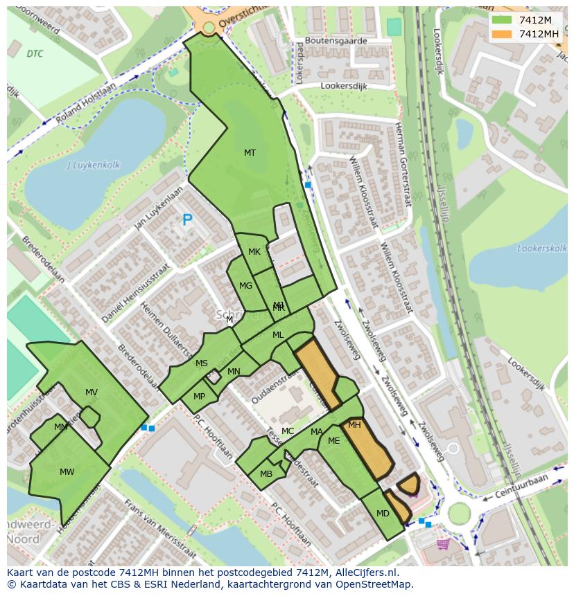Afbeelding van het postcodegebied 7412 MH op de kaart.