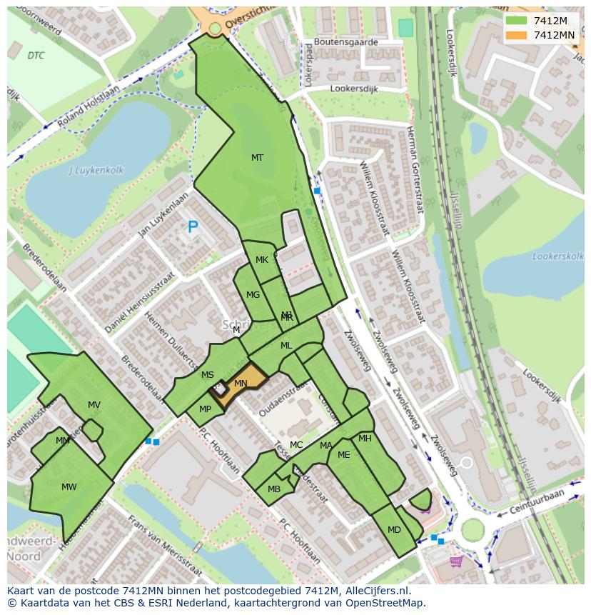 Afbeelding van het postcodegebied 7412 MN op de kaart.