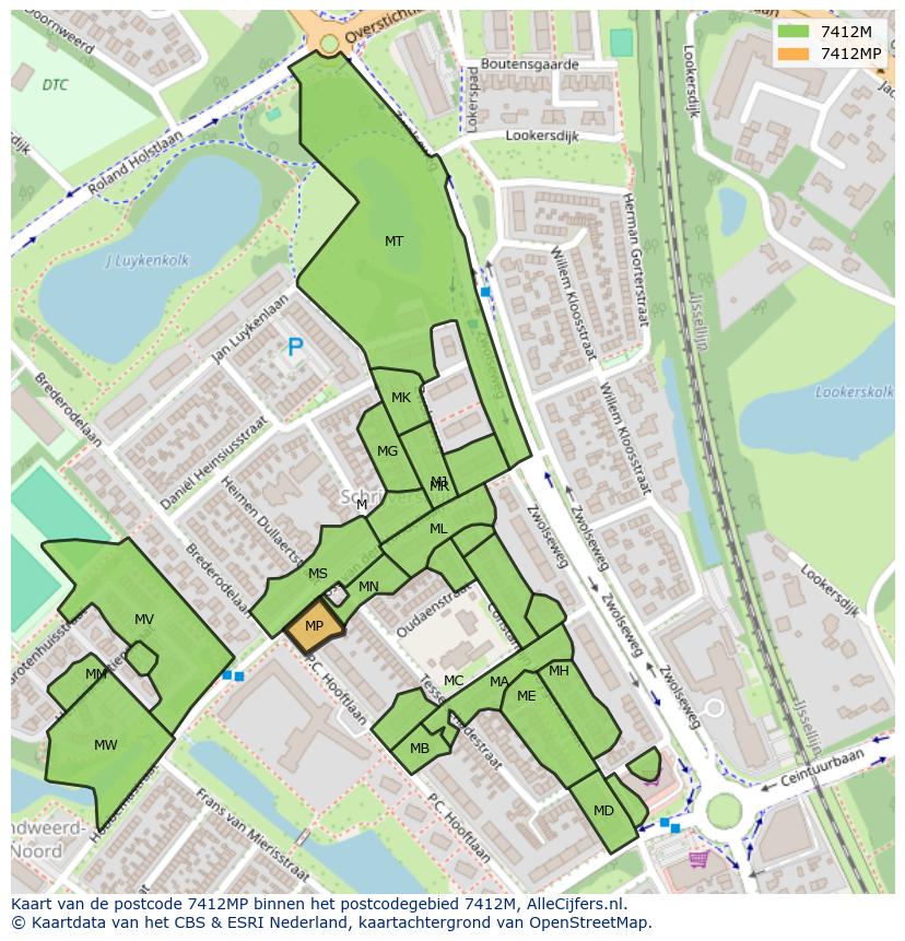 Afbeelding van het postcodegebied 7412 MP op de kaart.