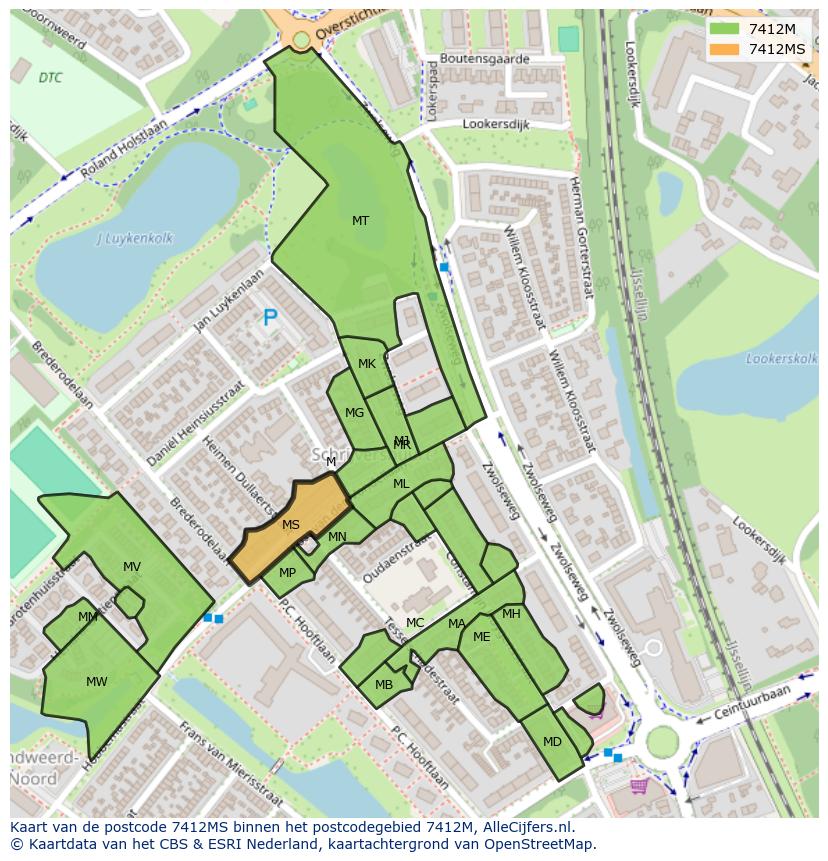 Afbeelding van het postcodegebied 7412 MS op de kaart.