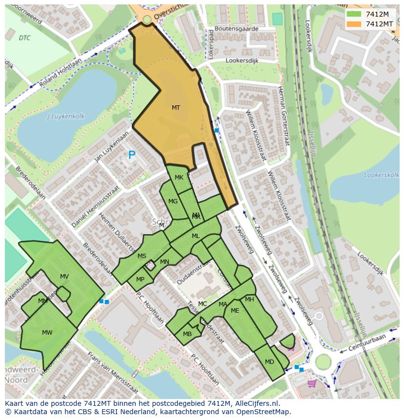 Afbeelding van het postcodegebied 7412 MT op de kaart.