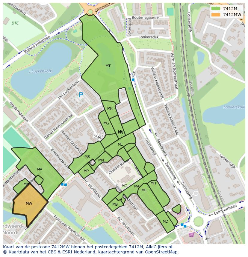 Afbeelding van het postcodegebied 7412 MW op de kaart.