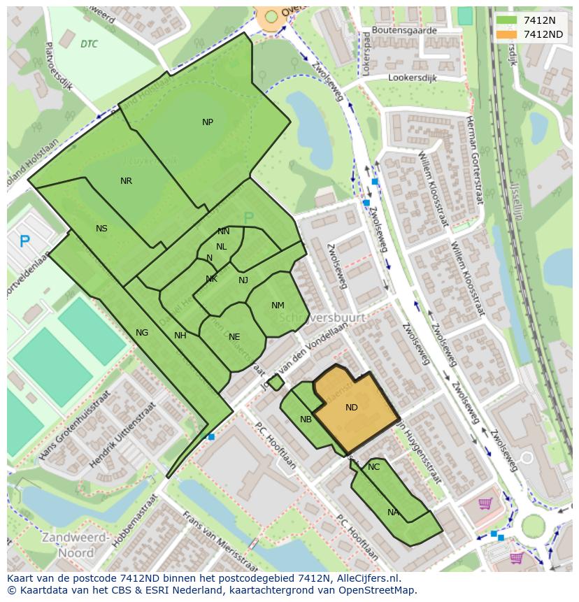 Afbeelding van het postcodegebied 7412 ND op de kaart.