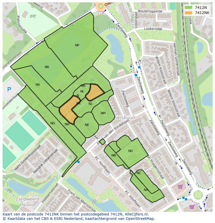 Afbeelding van het postcodegebied 7412 NK op de kaart.