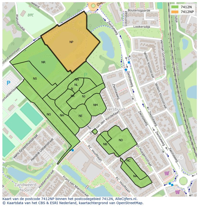 Afbeelding van het postcodegebied 7412 NP op de kaart.