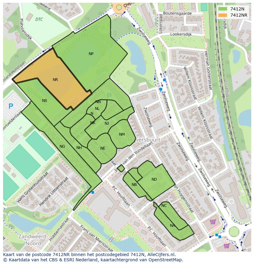 Afbeelding van het postcodegebied 7412 NR op de kaart.