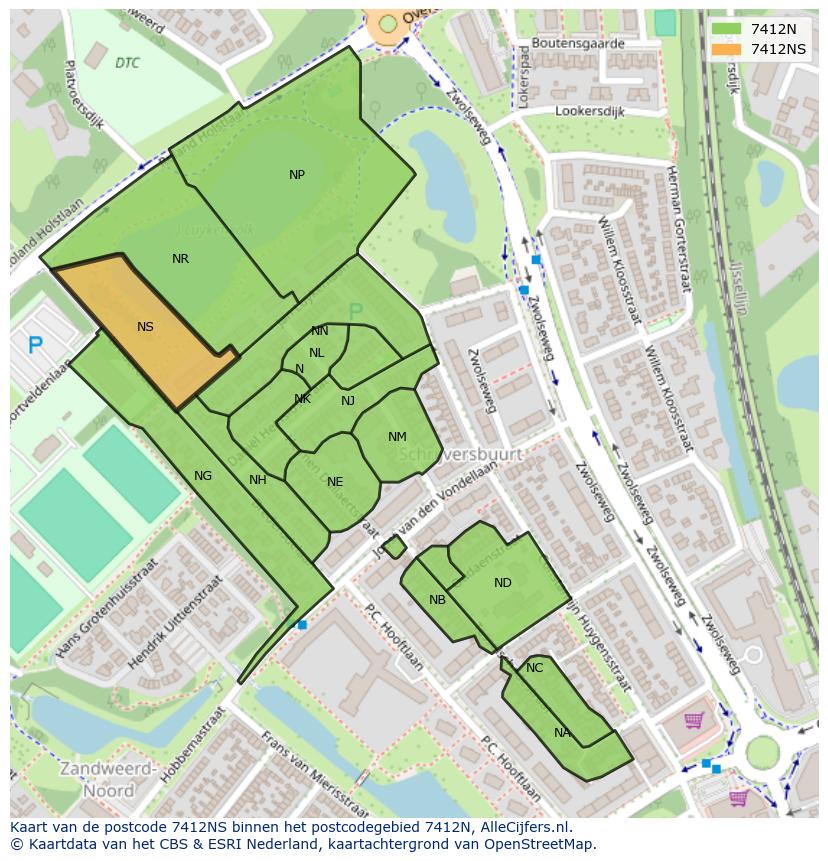 Afbeelding van het postcodegebied 7412 NS op de kaart.