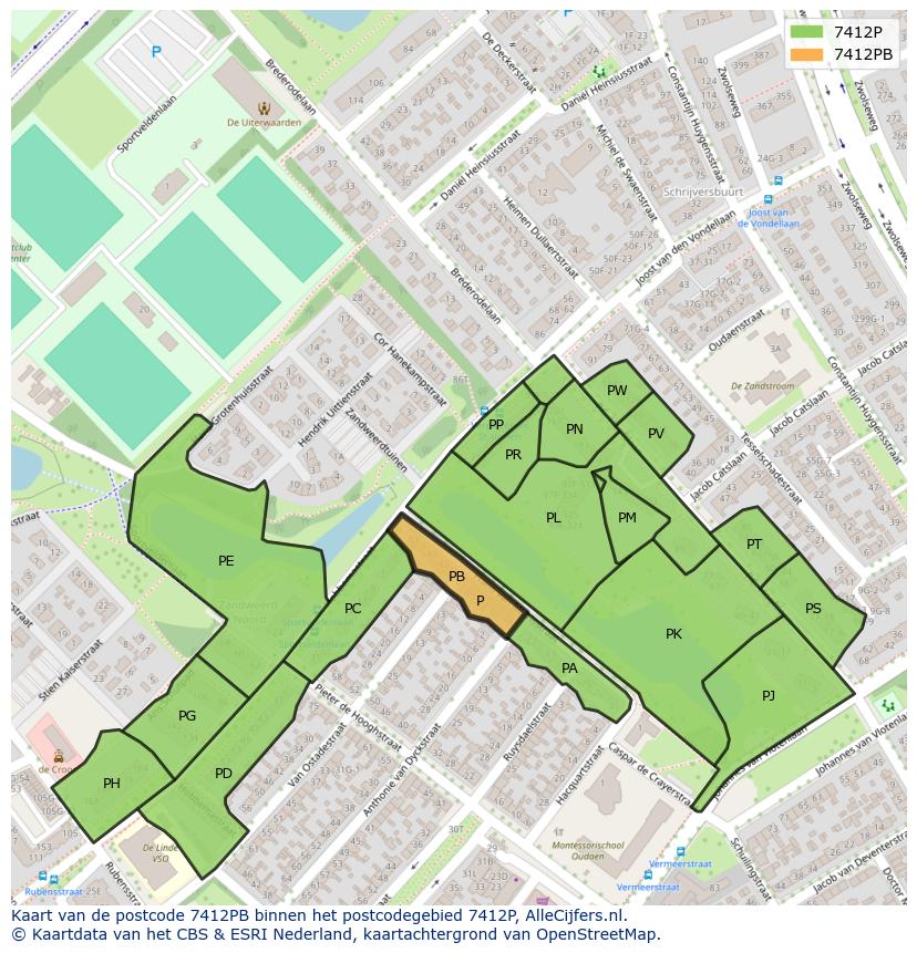 Afbeelding van het postcodegebied 7412 PB op de kaart.