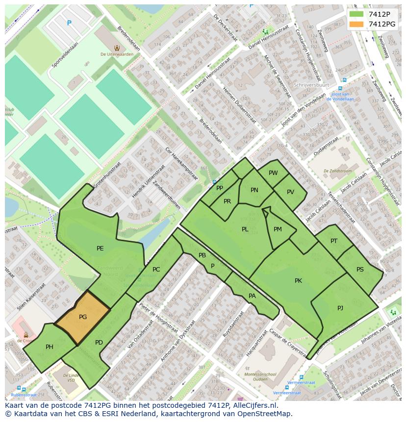 Afbeelding van het postcodegebied 7412 PG op de kaart.