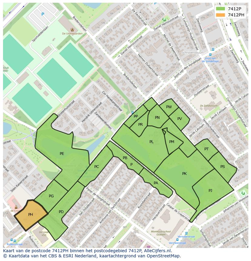 Afbeelding van het postcodegebied 7412 PH op de kaart.