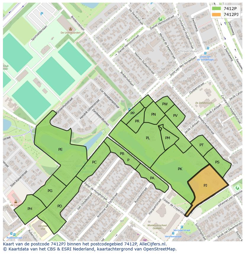 Afbeelding van het postcodegebied 7412 PJ op de kaart.