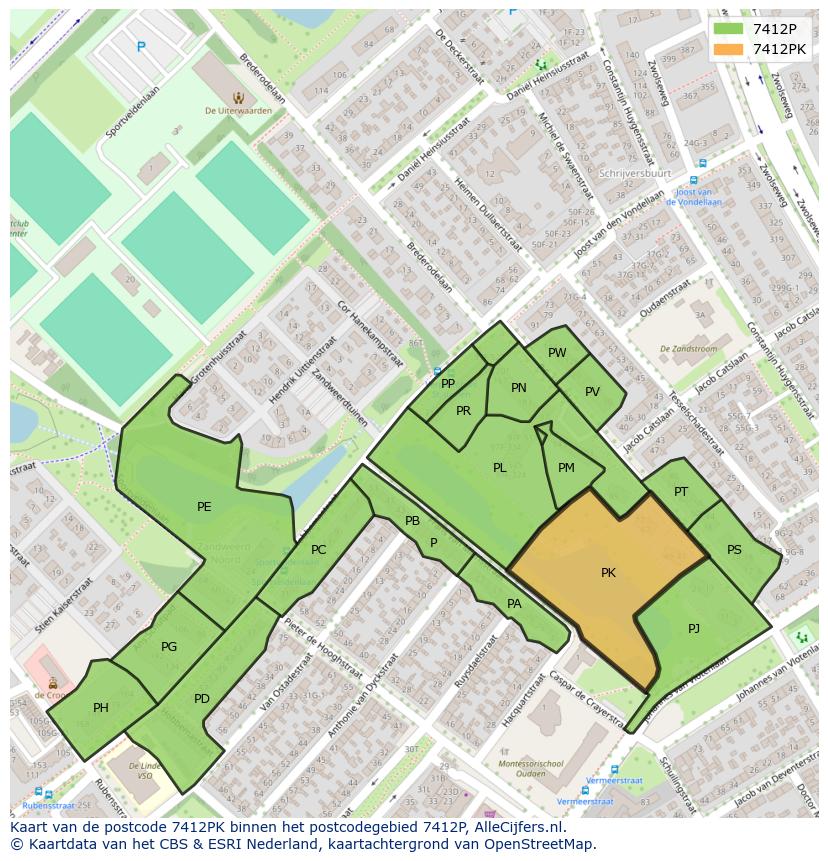 Afbeelding van het postcodegebied 7412 PK op de kaart.