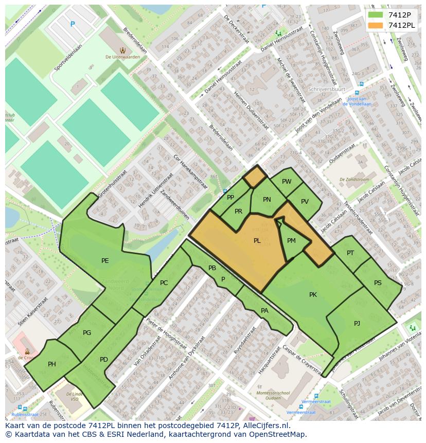 Afbeelding van het postcodegebied 7412 PL op de kaart.