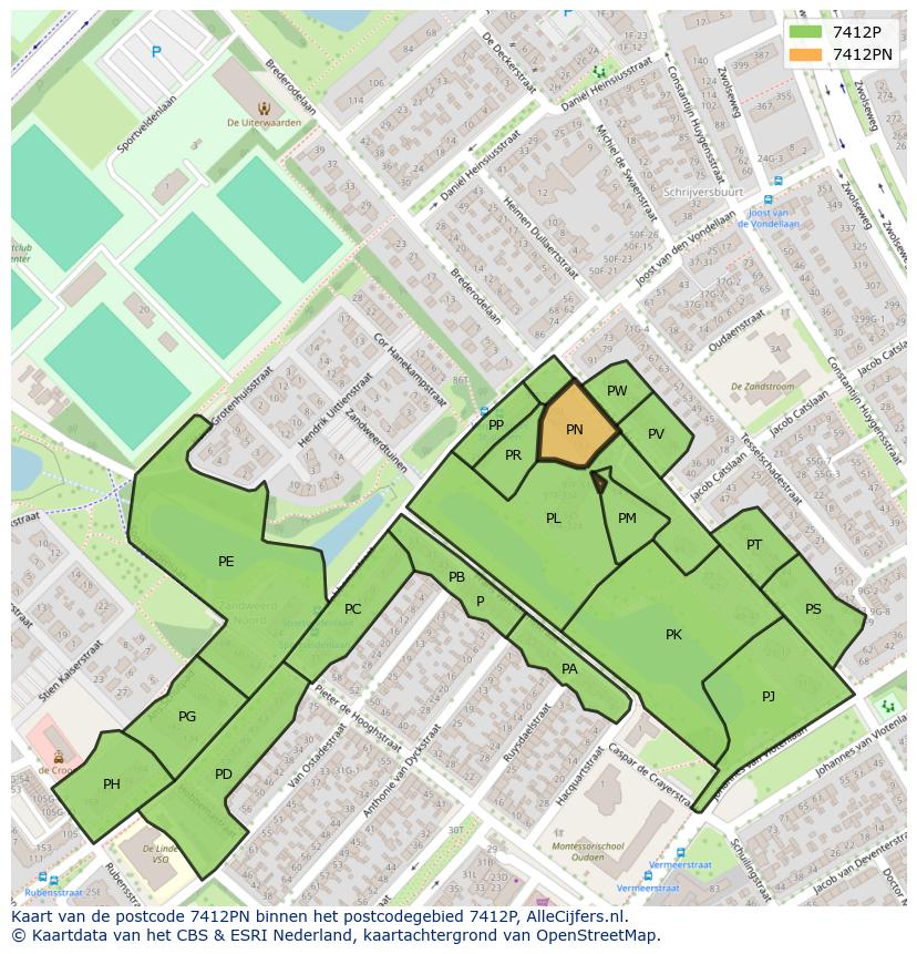 Afbeelding van het postcodegebied 7412 PN op de kaart.