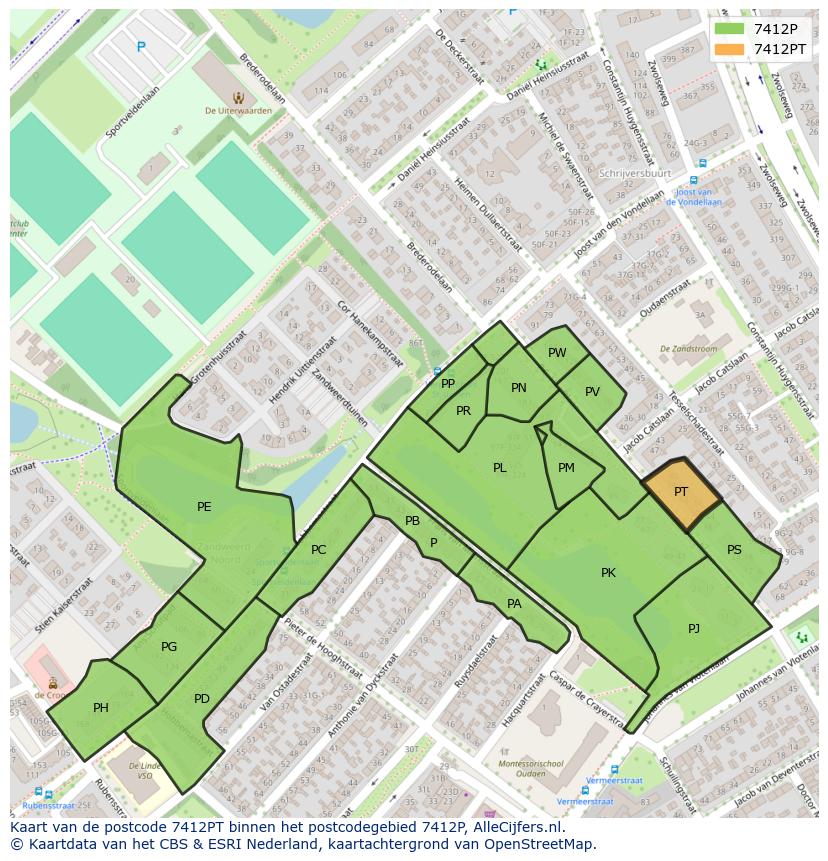 Afbeelding van het postcodegebied 7412 PT op de kaart.
