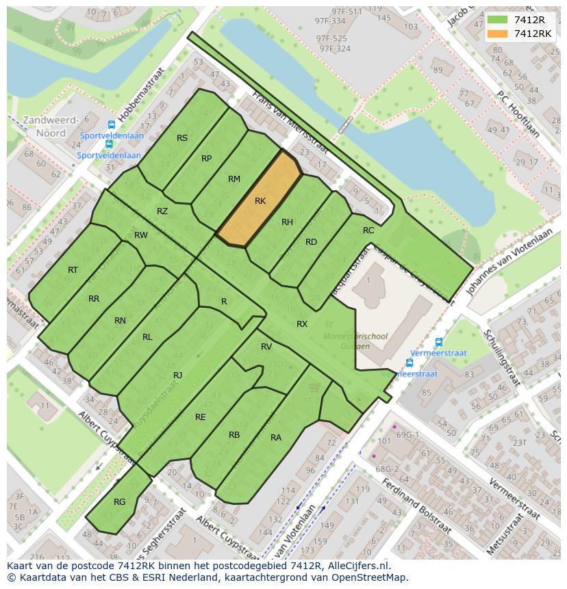 Afbeelding van het postcodegebied 7412 RK op de kaart.