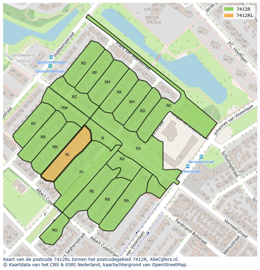 Afbeelding van het postcodegebied 7412 RL op de kaart.