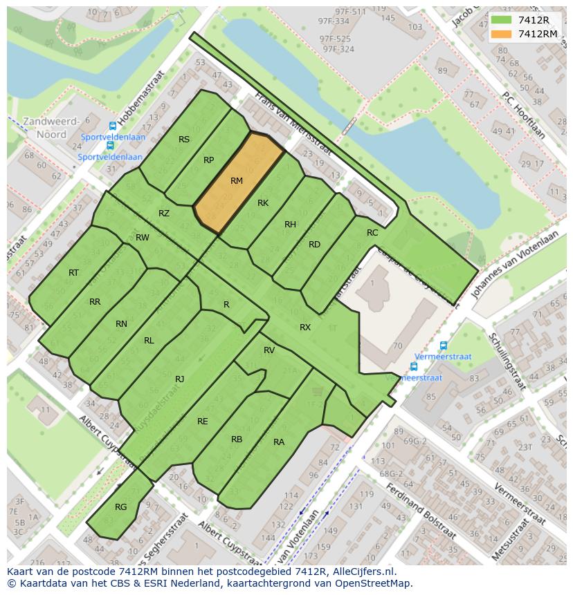 Afbeelding van het postcodegebied 7412 RM op de kaart.