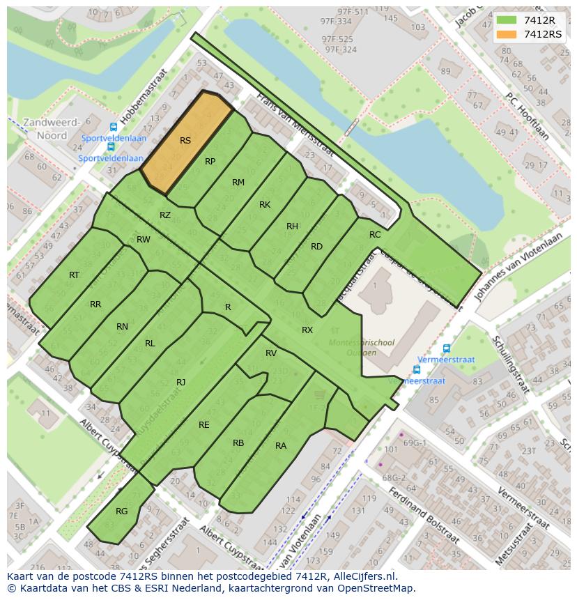 Afbeelding van het postcodegebied 7412 RS op de kaart.