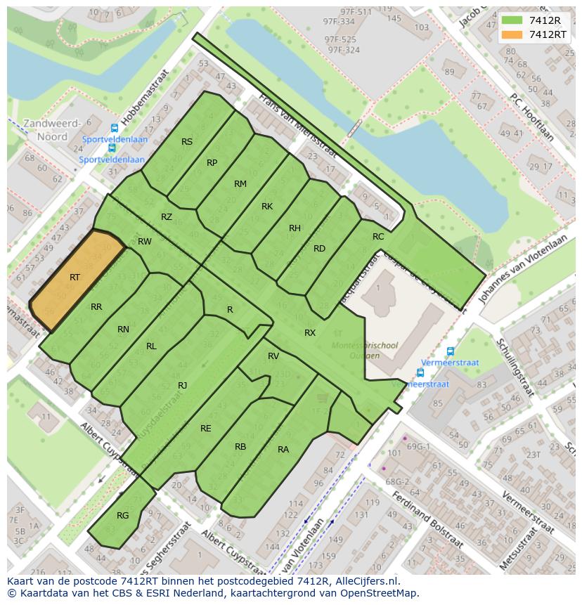 Afbeelding van het postcodegebied 7412 RT op de kaart.