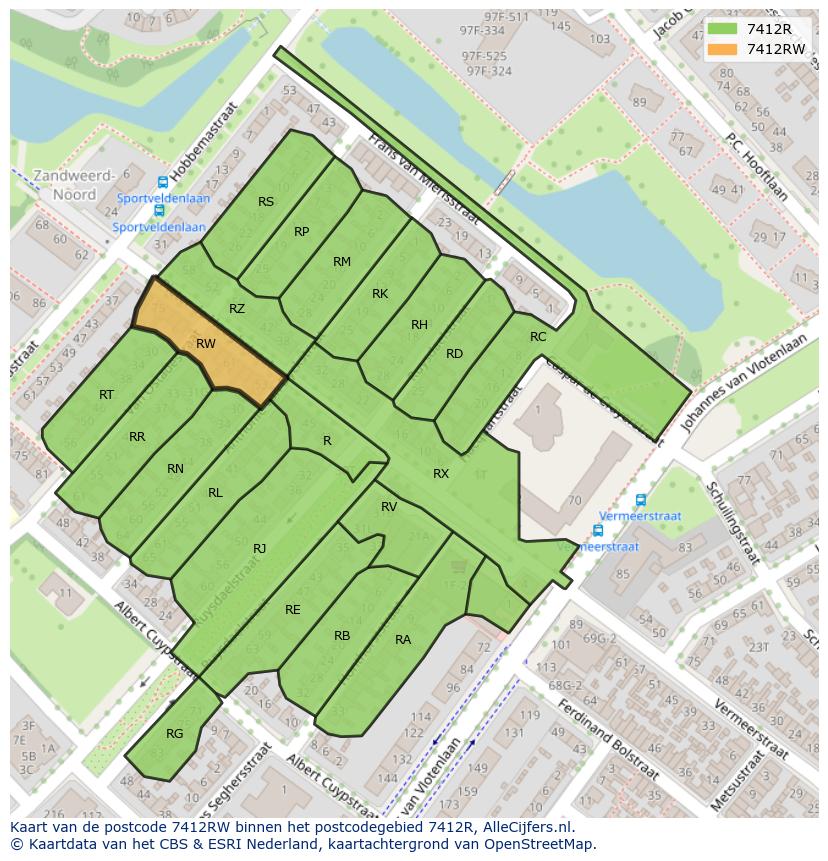 Afbeelding van het postcodegebied 7412 RW op de kaart.