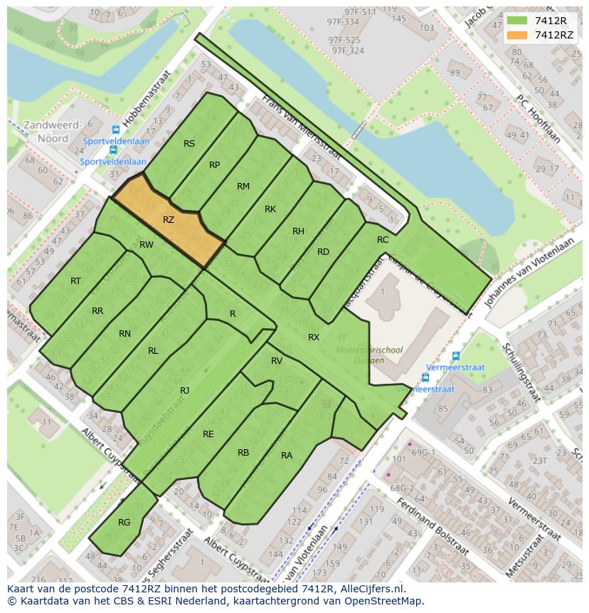 Afbeelding van het postcodegebied 7412 RZ op de kaart.